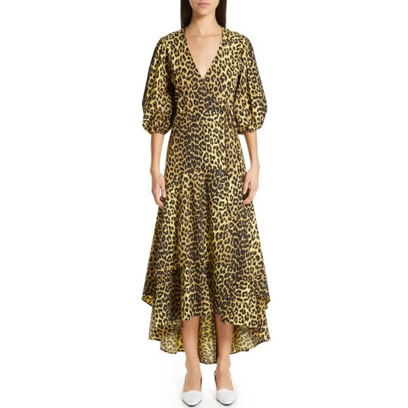 Ganni Leopard Print Cotton Wrap Dress 34 High Low Ruffle Hem Puffy Sleeve Small - Picture 1 of 9